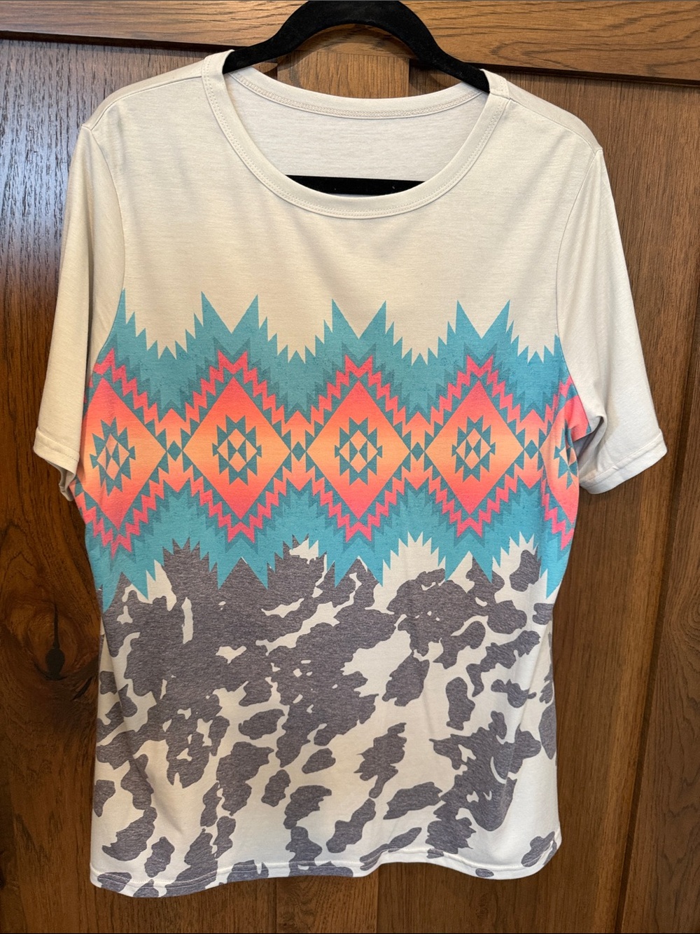 Aztec Pattern Graphic Tee in White with Turquoise & Coral Accents